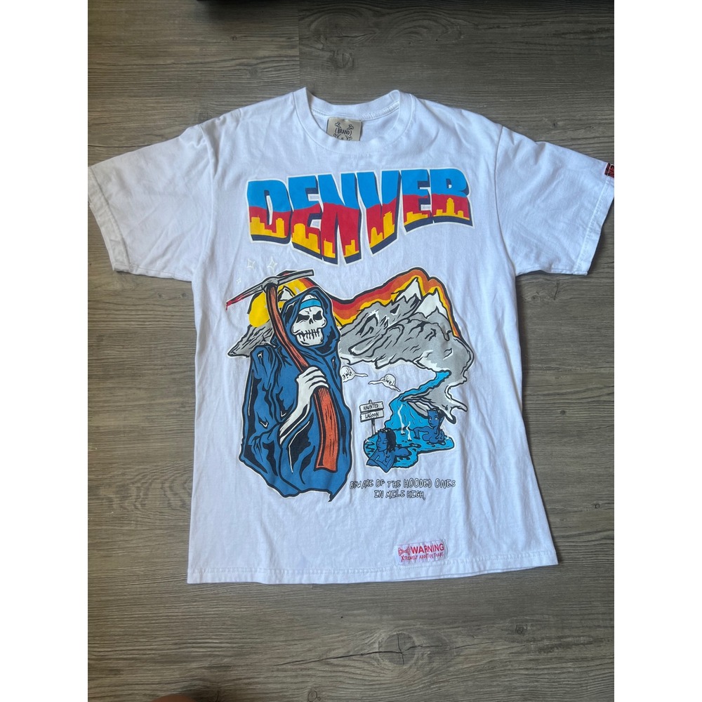 Brand X LA Men's White Graphic Print T-Shirt Denver Skull Size Medium